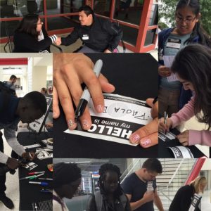 collage of photos showing name tags and students and UNO