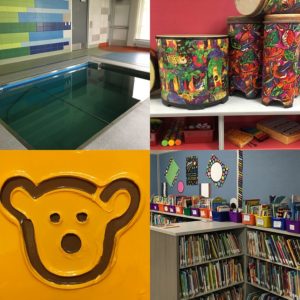 collage of images from jp lord school showing artwork library and pool