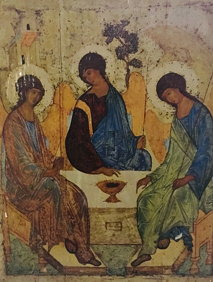 painting of three figures around a table