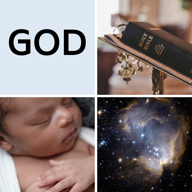 collage showing word god and bible and baby and outer space image