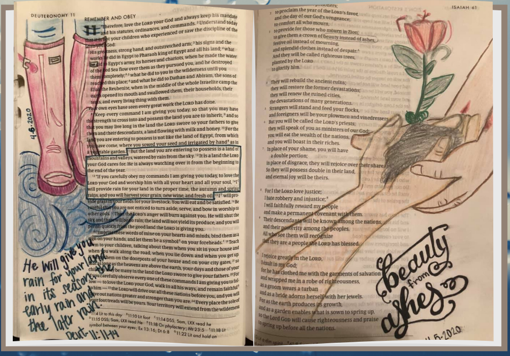 page of bible illustrated with flowers and boots