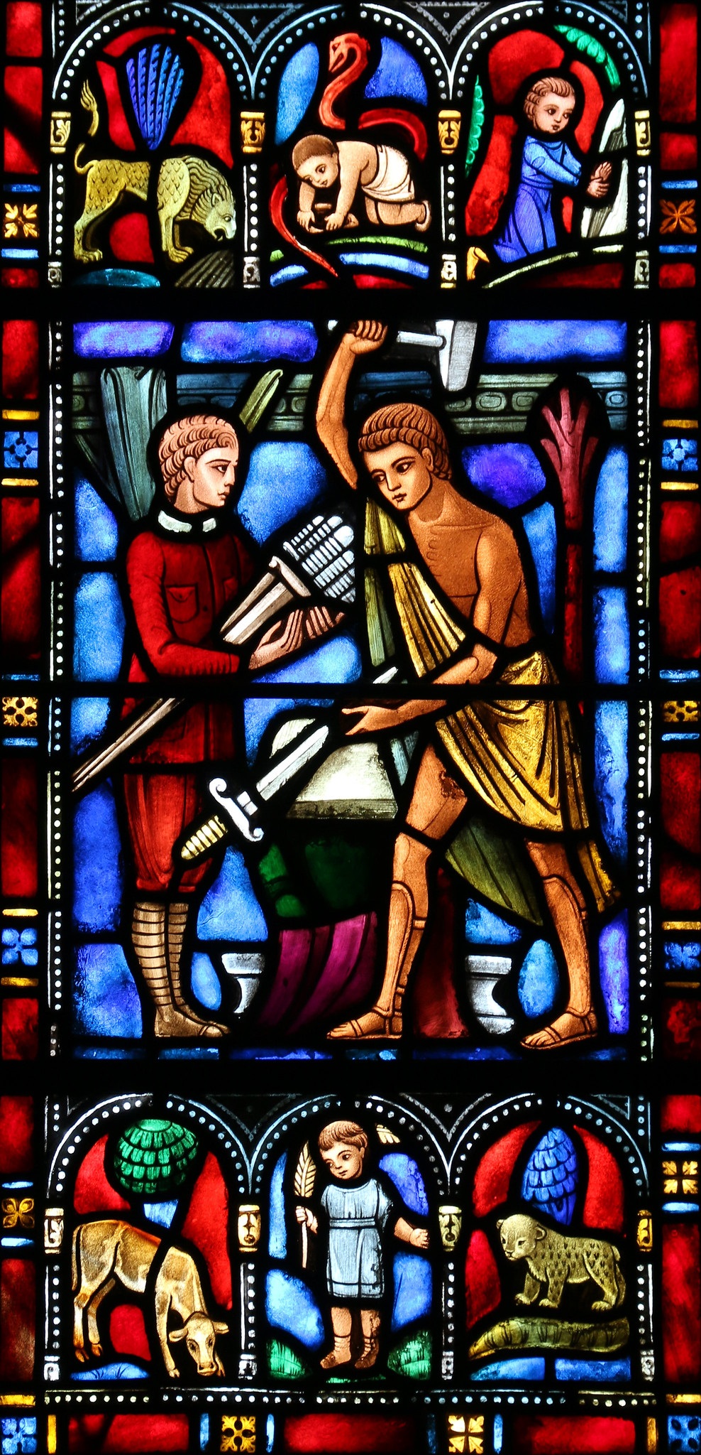 stained glass image of person with sword